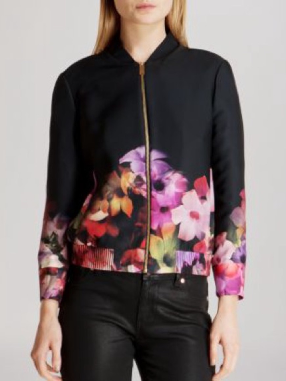 Ted Baker Black Giletta Cascading Floral Bomber Jacket NWOT